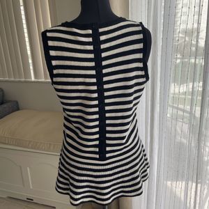 Red Label Saks black white stripe 100% cashmere tank sweater peplum ruffle L